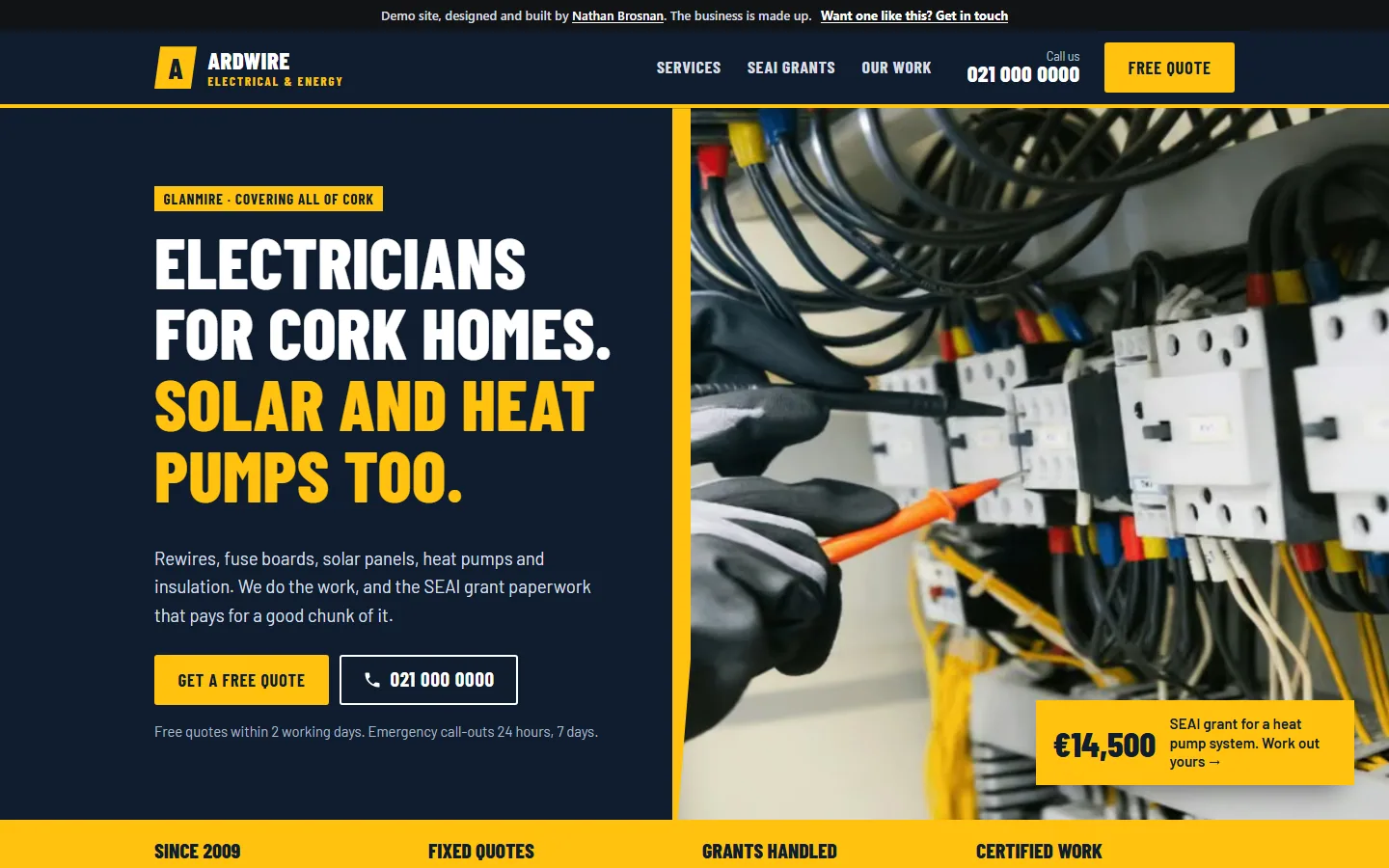 The Ardwire Electrical home page: a navy panel with the phone number and a free quote button beside a photo of an electrician testing a fuse board.