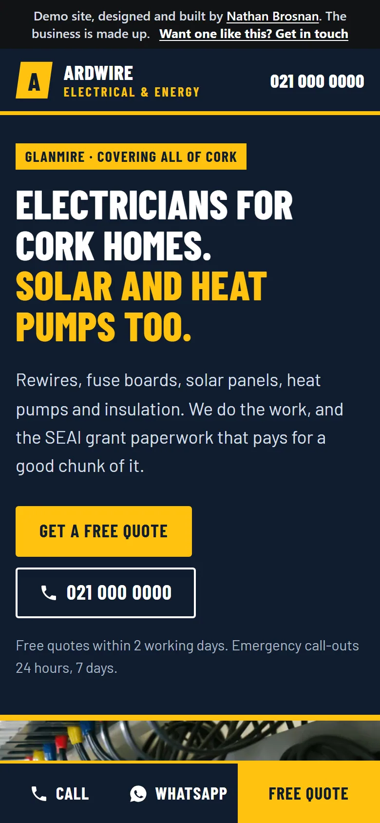 The home page on a phone, with Call, WhatsApp and Free quote buttons fixed to the bottom.