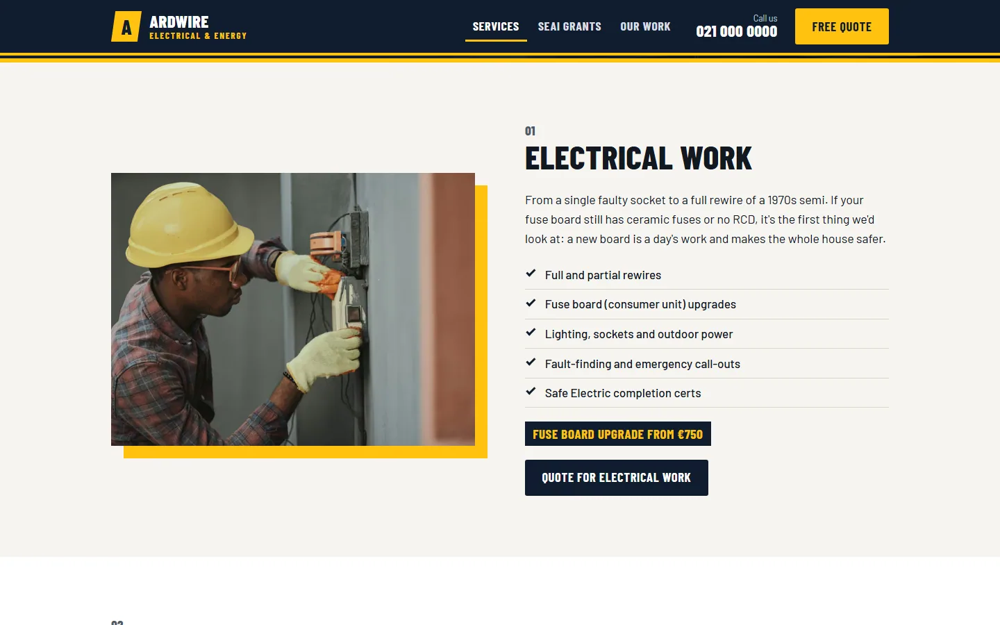 The services page: electrical work explained, with what is included and a typical price.