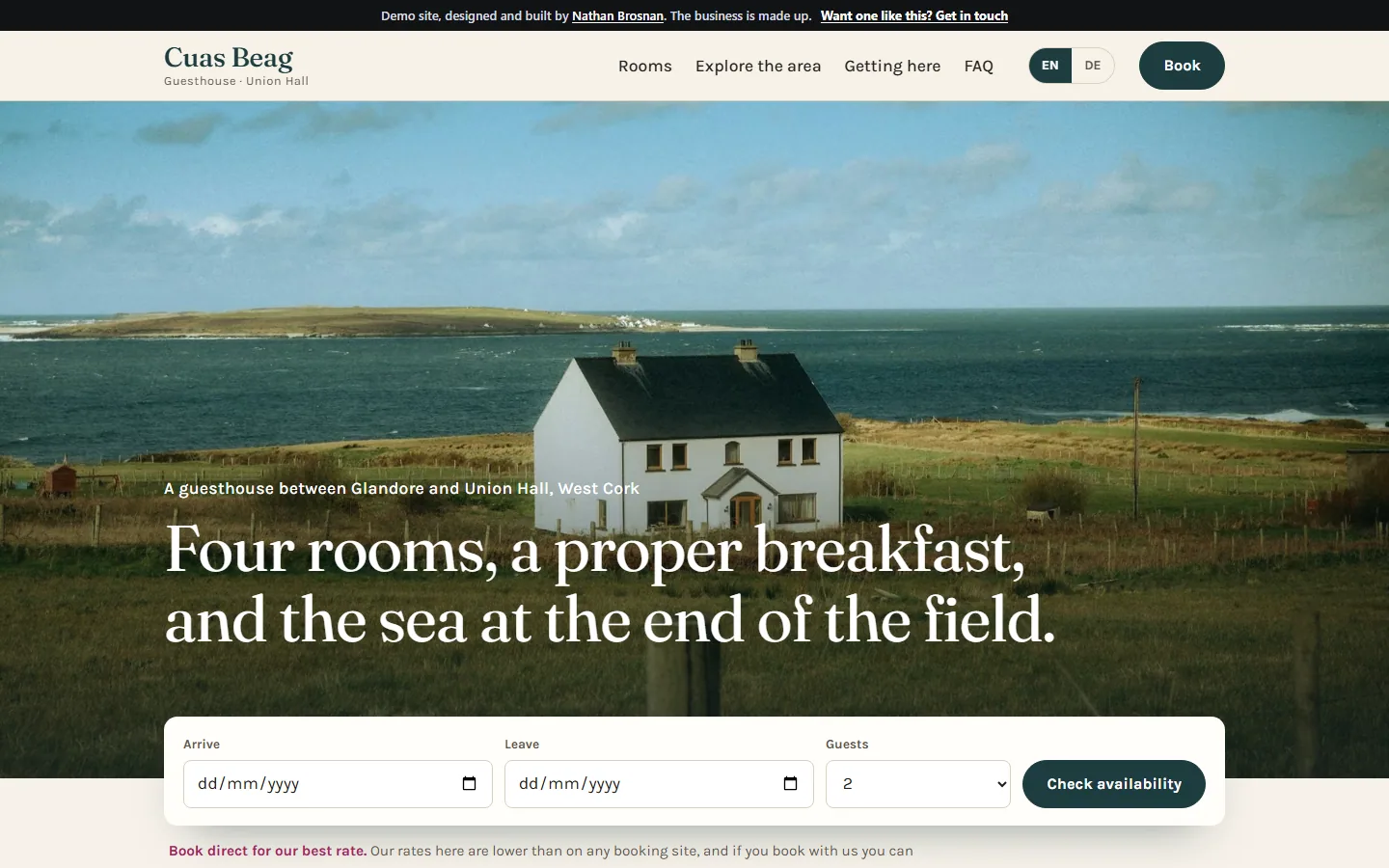 The Cuas Beag home page: a white farmhouse in a field above the sea, with a date search below the headline.