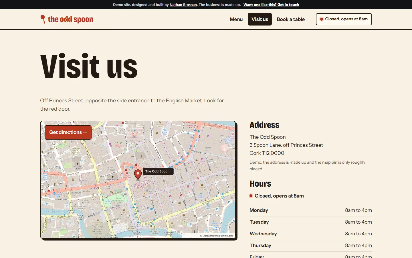 The Visit us page: a street map by the English Market, the address and the opening hours.