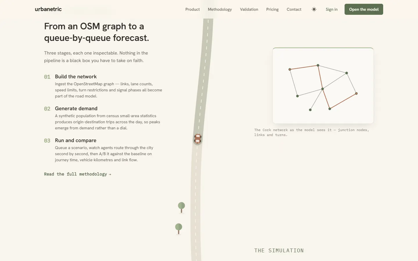 A section of the landing page in three steps: build the network, generate demand, run and compare.